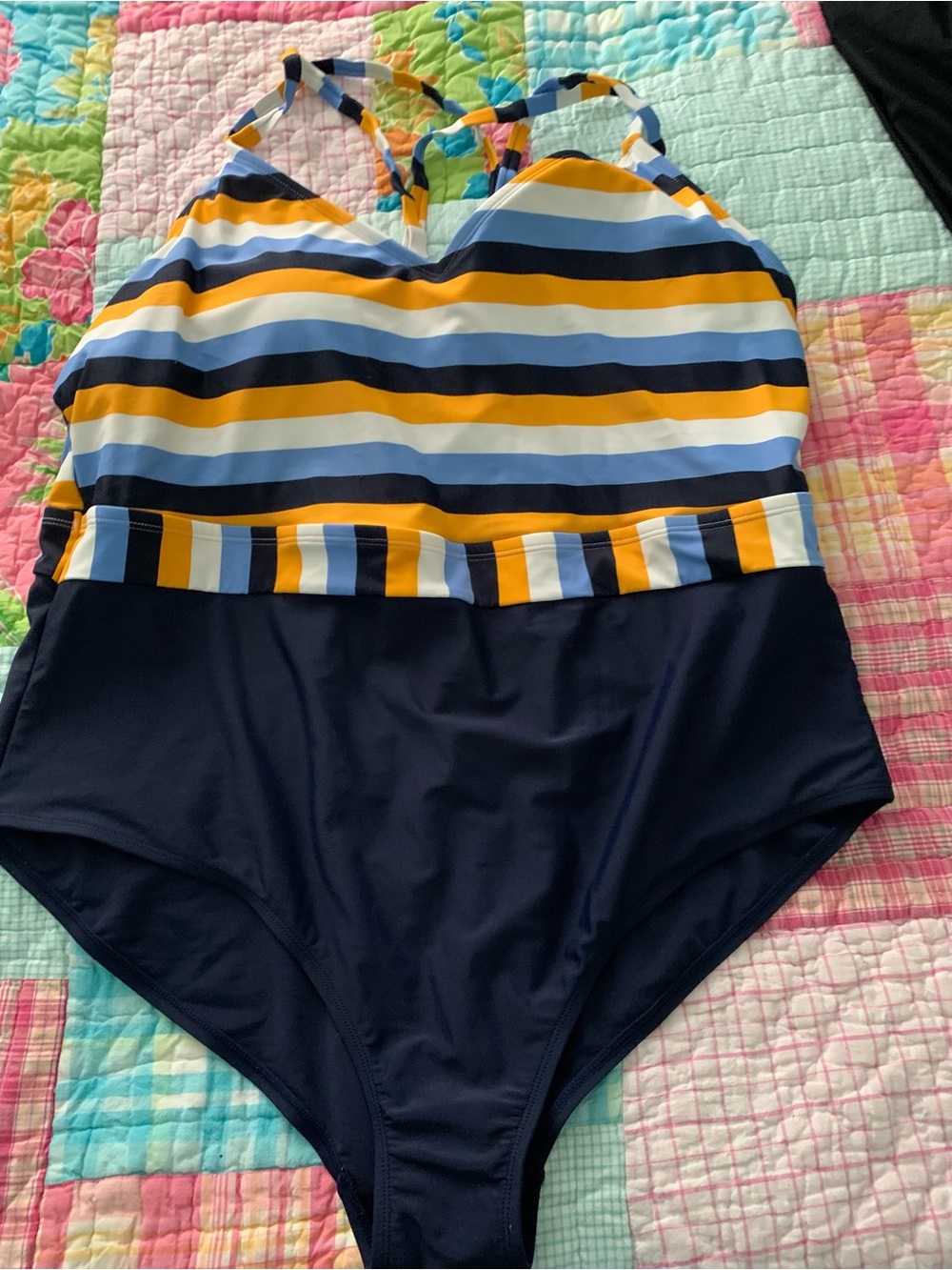 Kona Sol Navy, Light Blue & Orange Striped One-Piece Swimsuit Plus Size 26W